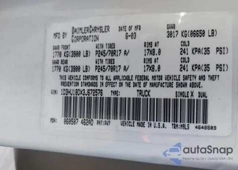 2003 Dodge Ram 1500 Slt/Laramie/St z USA, uszkodzony, nr VIN 1D3HU18DX3J672576